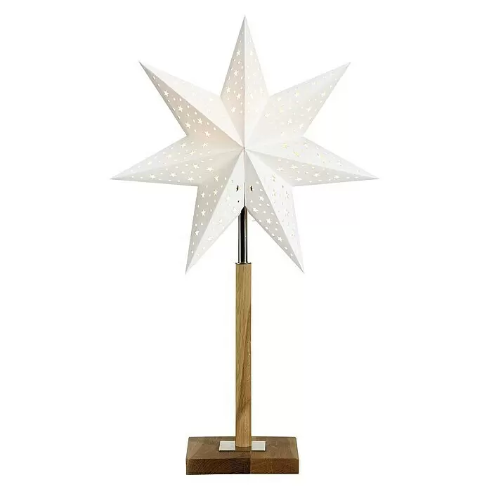 Markslöjd Standstern Solvalla - Ø x H: 35 x 55 cm, OAK, Netzbetrieben - Beleuchtete weiße Papiersternlampe mit Ausschnitten auf einem Holzständer.