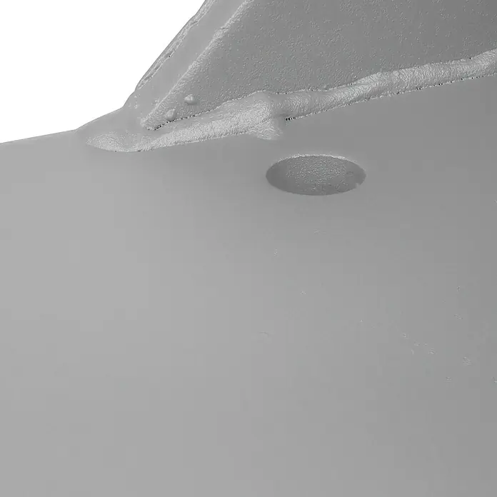 Deckenadapter E6100-85 - 150 x 180 x 215 mm, Silber, Passend für: Sunfun Vollkassettenmarkisen außer Modell Elba - Nahaufnahme eines grauen Produkts mit einer runden Öffnung, das eine glatte und leicht körnige Textur aufweist.