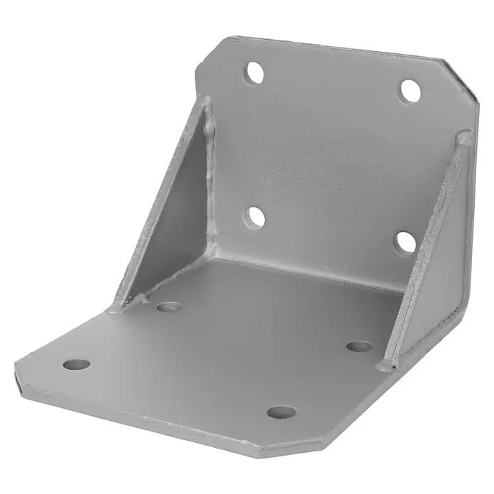 Deckenadapter E6100-85 - 150 x 180 x 215 mm, Silber, Passend für: Sunfun Vollkassettenmarkisen außer Modell Elba - Graue, winkelige Metallhalterung mit Befestigungslöchern und Verstärkungen für stabile Verbindungen.
