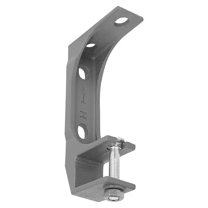 Wand- & Deckenhalter E3400-08 - 79 x 40 x 205 mm, Silber, Passend für: Sunfun Gelenkarm- und Hülsenmarkisen bis 4 m Breite - Nahaufnahme einer grauen Stahlträgerklemme, die ein robustes Design und eine solide Konstruktion für industrielle Anwendungen zeigt.