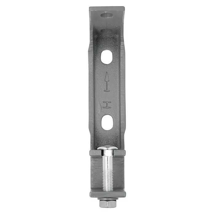 Wand- & Deckenhalter E3400-08 - 79 x 40 x 205 mm, Silber, Passend für: Sunfun Gelenkarm- und Hülsenmarkisen bis 4 m Breite - Eine Nahaufnahme einer grauen Rohrschelle mit einer Schraube, die durch eine Mutter befestigt ist, ideal für die sichere Rohrbefestigung.
