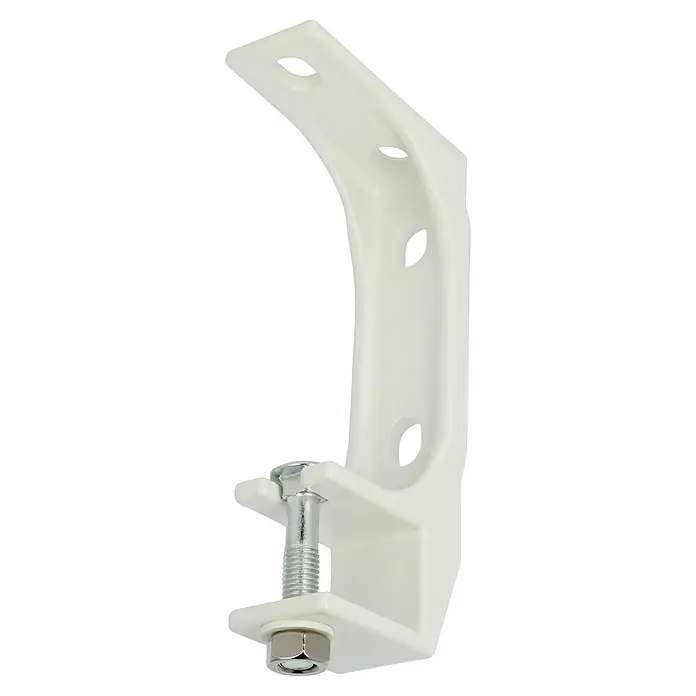 Wand- & Deckenhalter M1200-08 - 79 x 40 x 205 mm, Weiß, Passend für: Sunfun Gelenkarm- und Hülsenmarkisen bis 4 m Breite - Nahaufnahme einer weißen Wandhalterung mit Schraube und Mutter zur Befestigung an einer Wand für verschiedene Zwecke.