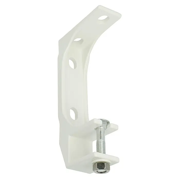 Wand- & Deckenhalter M1200-08 - 79 x 40 x 205 mm, Weiß, Passend für: Sunfun Gelenkarm- und Hülsenmarkisen bis 4 m Breite - Nahaufnahme einer weißen Halterung mit Löchern und einer Schraube, die ein Gerät oder eine Struktur sichert.