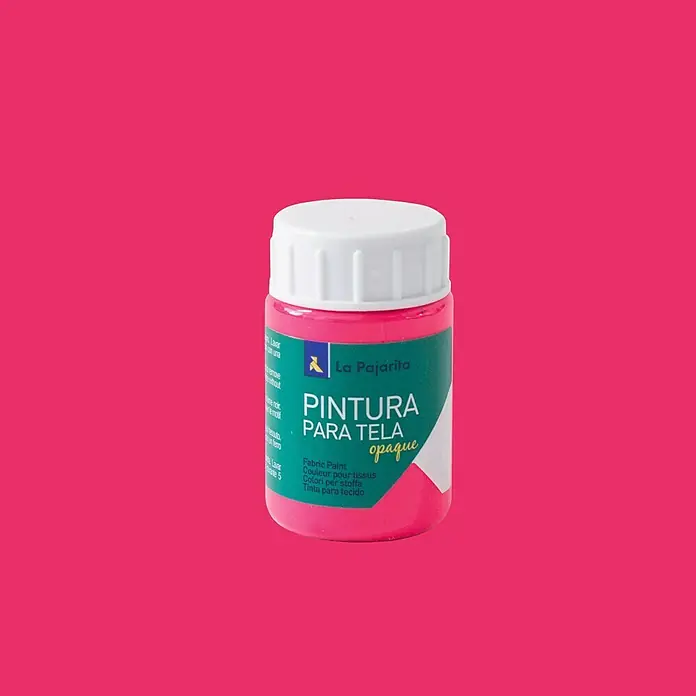 La Pajarita Pintura textil - Rosa fluorescente, 35 ml - Un bote de pintura para tela de La Pajarita en un tono rosa brillante, ideal para dar color a los tejidos.