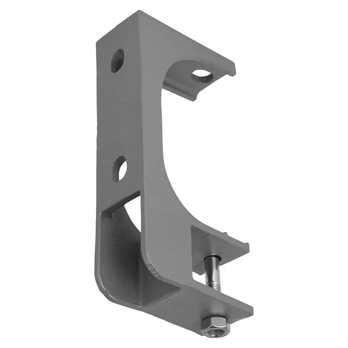Wand- & Deckenhalter E3430-25 - 105 x 50 x 217 mm, Silber, Passend für: Sunfun Hülsenmarkisen ab 4,5 m Breite - Nahaufnahme einer grauen Halterung mit Schraube und Muttern, die robust und zuverlässig aussieht, ideal für industrielle Anwendungen.