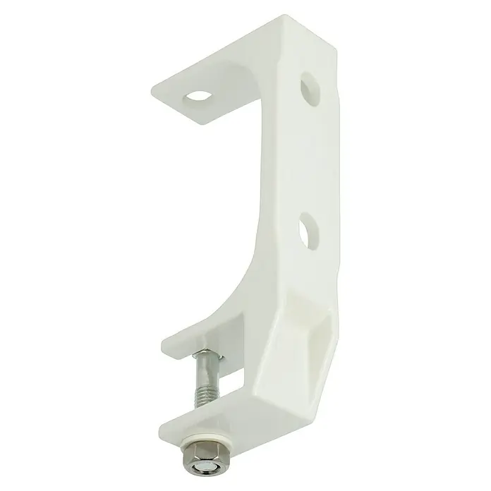 Wand- & Deckenhalter M1200-08 - 79 x 40 x 205 mm, Weiß, Passend für: Sunfun Gelenkarm- und Hülsenmarkisen bis 4 m Breite - Nahaufnahme einer weißen Metallhalterung mit Schraube und Löchern. Die Halterung ist robust und für Befestigungszwecke geeignet.