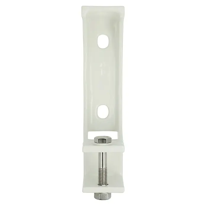 Wand- & Deckenhalter E3200-55 - 105 x 50 x 217 mm, Weiß, Passend für: Sunfun Hülsenmarkisen ab 4,5 m Breite - Nahaufnahme einer weißen Halterung mit Schraube und Löchern, ideal für die Befestigung verschiedener Elemente.