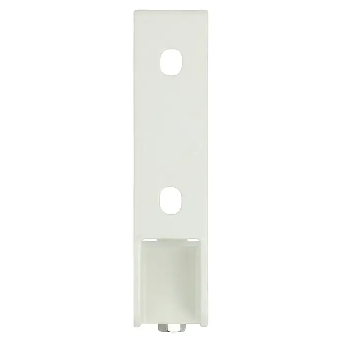 Wand- & Deckenhalter E3200-55 - 105 x 50 x 217 mm, Weiß, Passend für: Sunfun Hülsenmarkisen ab 4,5 m Breite - Nahaufnahme eines weißen, rechteckigen Wand-Duschregals mit zwei Löchern zur Aufhängung und einer Ablagefläche unten.
