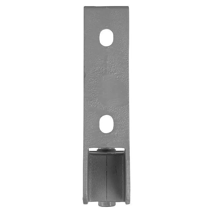 Wand- & Deckenhalter E3430-25 - 105 x 50 x 217 mm, Silber, Passend für: Sunfun Hülsenmarkisen ab 4,5 m Breite - Graue Metallschiene mit zwei Löchern und einer unteren Halterung, ideal für industrielle Anwendungen und robuste Konstruktionen.