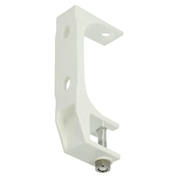 Wand- & Deckenhalter M1200-08 - 79 x 40 x 205 mm, Weiß, Passend für: Sunfun Gelenkarm- und Hülsenmarkisen bis 4 m Breite - Nahaufnahme einer weißen, verstellbaren Trägerhalterung mit Schraube und Mutter, die eine flexible Montage ermöglicht.