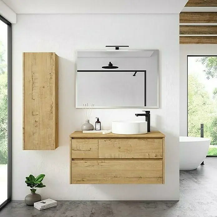 Mueble bajo de lavabo Emma derecha - L x An x Al: 45 x 120 x 50 cm, Nogal - Elegante baño con mueble de madera, lavabo sobre encimera y espejo. Un atractivo moderno para cualquier baño.