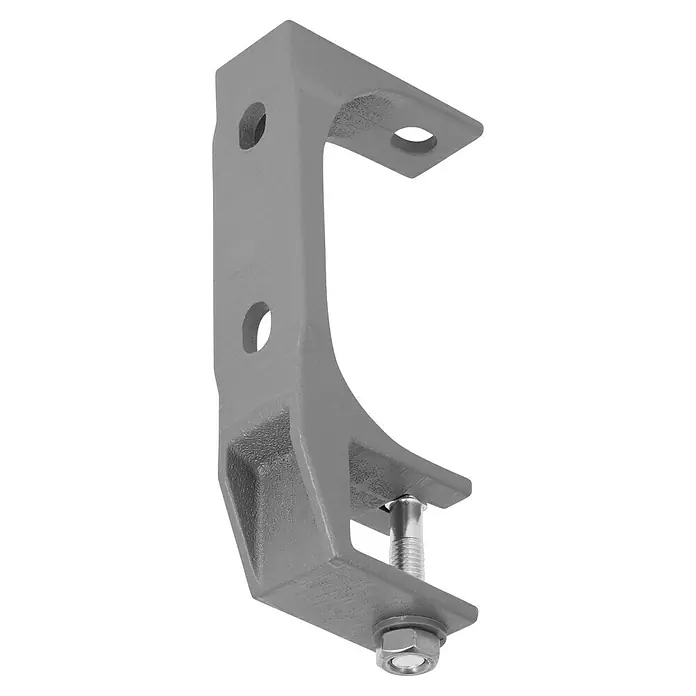 Wand- & Deckenhalter E3400-08 - 79 x 40 x 205 mm, Silber, Passend für: Sunfun Gelenkarm- und Hülsenmarkisen bis 4 m Breite - Nahaufnahme einer grauen Metallaufhängung mit Schraube und Muttern. Ideal für verschiedene Befestigungsanwendungen.