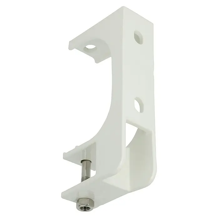 Wand- & Deckenhalter E3200-55 - 105 x 50 x 217 mm, Weiß, Passend für: Sunfun Hülsenmarkisen ab 4,5 m Breite - Eine Nahaufnahme einer weißen Halterung aus Metall, die zur Befestigung von Objekten dient und auf einem schwarzen Hintergrund platziert ist.
