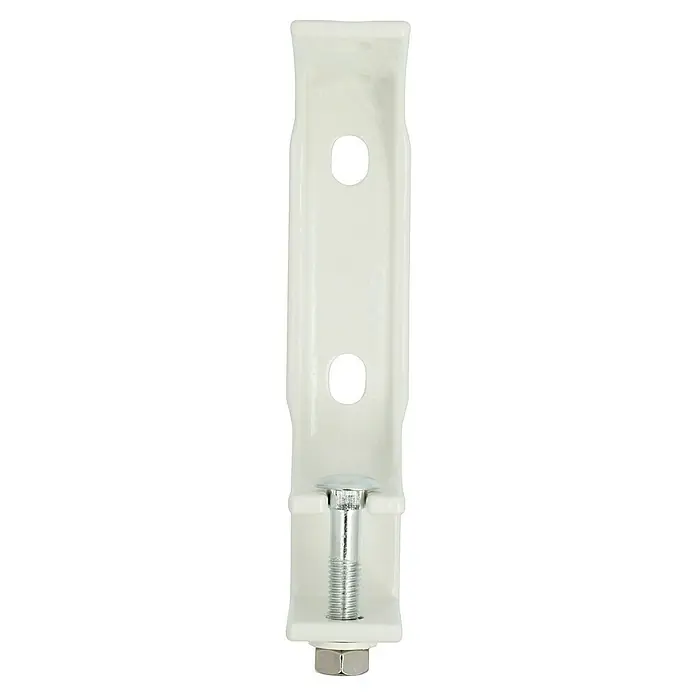 Wand- & Deckenhalter M1200-08 - 79 x 40 x 205 mm, Weiß, Passend für: Sunfun Gelenkarm- und Hülsenmarkisen bis 4 m Breite - Nahaufnahme einer weißen Gardinenstangenhalterung mit Schraube und Mutter.