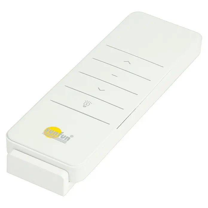 Fernbedienung FB005 - Passend für: Sunfun LED-Vollkassettenmarkise Grau - Nahaufnahme einer weißen Sunfun-Fernbedienung mit mehreren Tasten zur Steuerung verschiedener Funktionen.