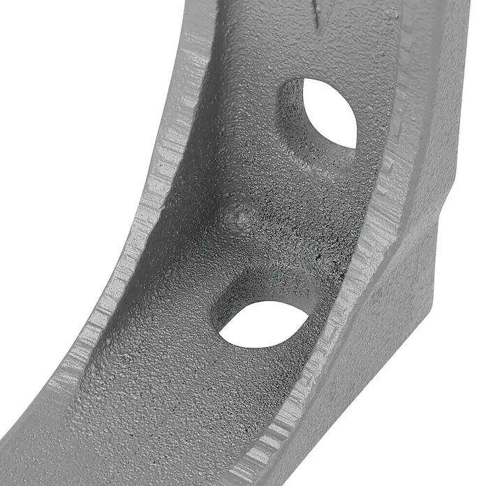 Wand- & Deckenhalter E3400-08 - 79 x 40 x 205 mm, Silber, Passend für: Sunfun Gelenkarm- und Hülsenmarkisen bis 4 m Breite - Nahaufnahme eines grauen Gussobjekts mit zwei Löchern, das Details der Oberflächenbeschaffenheit und Form hervorhebt.