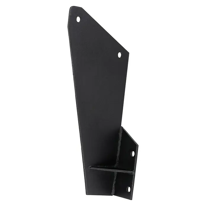 Dachsparrenadapter E6100-90 - 150 x 155 x 450 mm, Anthrazit, Passend für: Sunfun Vollkassettenmarkisen außer Modell Elba - Nahaufnahme einer Halterung aus schwarzem Metall mit Befestigungslöchern und Schweißnähten, die Stabilität und Funktion verspricht.