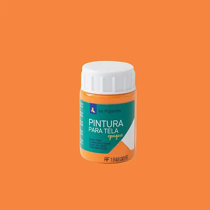 La Pajarita Pintura textil - Naranja, 35 ml - Primer plano de un bote de pintura para tela naranja La Pajarita, ideal para proyectos creativos de tela y diseños personalizados.