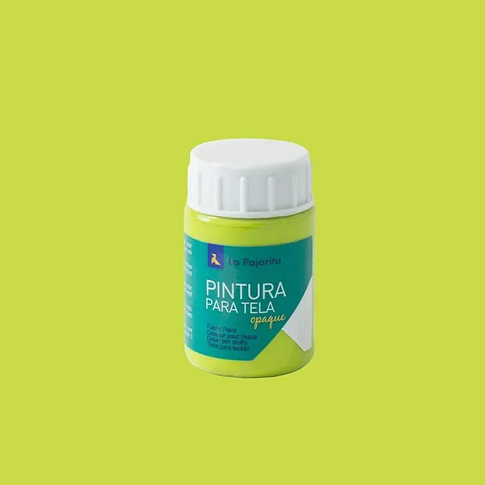 La Pajarita Pintura textil - Verde lima, 35 ml - Primer plano de un envase de pintura textil verde "La Pajarita" con tapa blanca, ideal para pintar y personalizar tejidos.