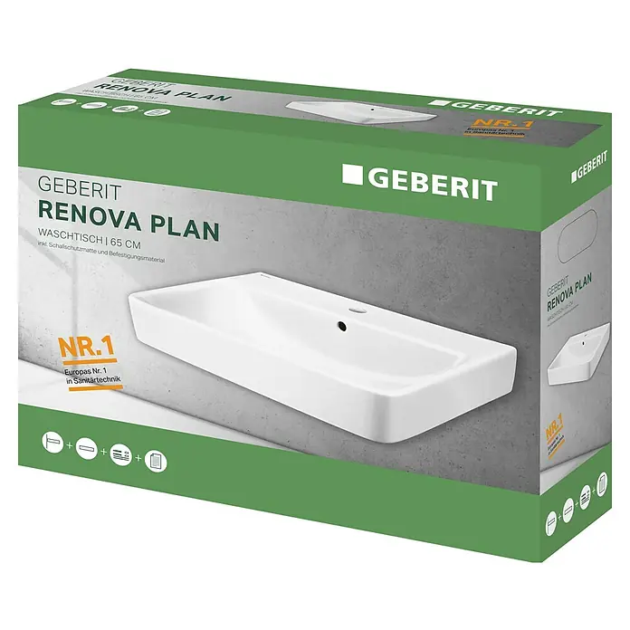 Geberit Renova Plan Waschtisch-Set - 65 x 48 cm, Ohne Spezialglasur, Hahnloch: Mitte, Mit Überlauf, Weiß - Abbildung einer Verpackung für ein Geberit Renova Plan Waschbecken, das ein modernes Design und hohe Qualität verspricht.