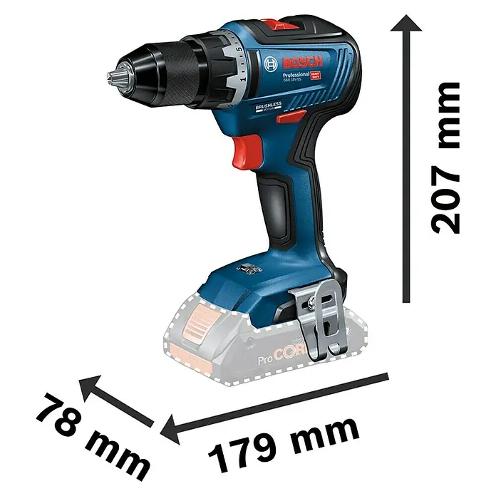 Bosch Professional AMPShare 18V Akku-Bohrschrauber GSR 18V-55 - 18 V, 2 Akkus, 4 Ah - Abbildung eines Bosch GSR 18V-55 Professional Akku-Bohrschraubers mit Maßangaben.