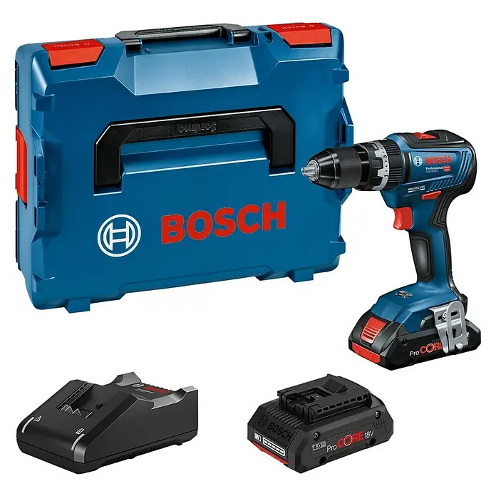 Bosch Professional AMPShare 18V Akku-Schlagbohrschrauber GSB 18V-55 - 18 V, 2 Akkus, 4 Ah, 55 Nm, Inkl. 2 x Akku 4 Ah + Koffer - Ein Bosch Professional Akku-Bohrschrauber Set mit Koffer, Akku und Ladegerät.