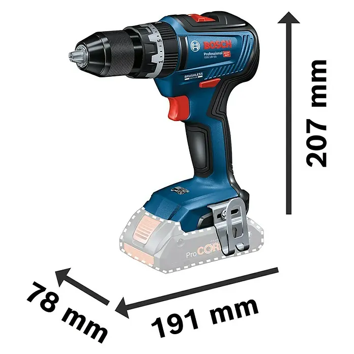 Bosch Professional AMPShare 18V Akku-Schlagbohrschrauber GSB 18V-55 - 18 V, 2 Akkus, 4 Ah, 55 Nm, Inkl. 2 x Akku 4 Ah + Koffer - Abbildung eines Bosch Professional GSB 18V-55 Akku-Bohrschraubers mit Maßangaben zu Länge, Breite und Höhe.