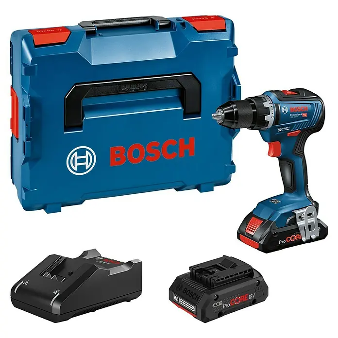 Bosch Professional AMPShare 18V Akku-Bohrschrauber GSR 18V-55 - 18 V, 2 Akkus, 4 Ah - Bosch Akku-Bohrschrauber mit ProCORE Akkusatz und Ladegerät in blauem Werkzeugkoffer für professionelle Anwender.