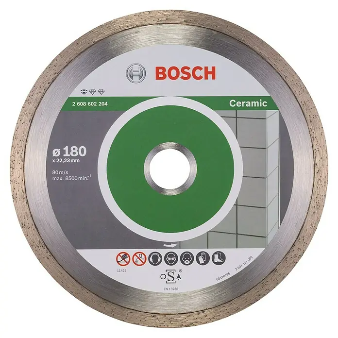 Bosch Professional Diamant-Trennscheibe Standard for Ceramic - Durchmesser Scheibe: 180 mm, Höhe Segment: 7 mm - Das Bild zeigt eine Bosch Keramik-Trennscheibe mit einem Durchmesser von 180 mm, geeignet für präzise Schnitte in Keramikmaterialien.