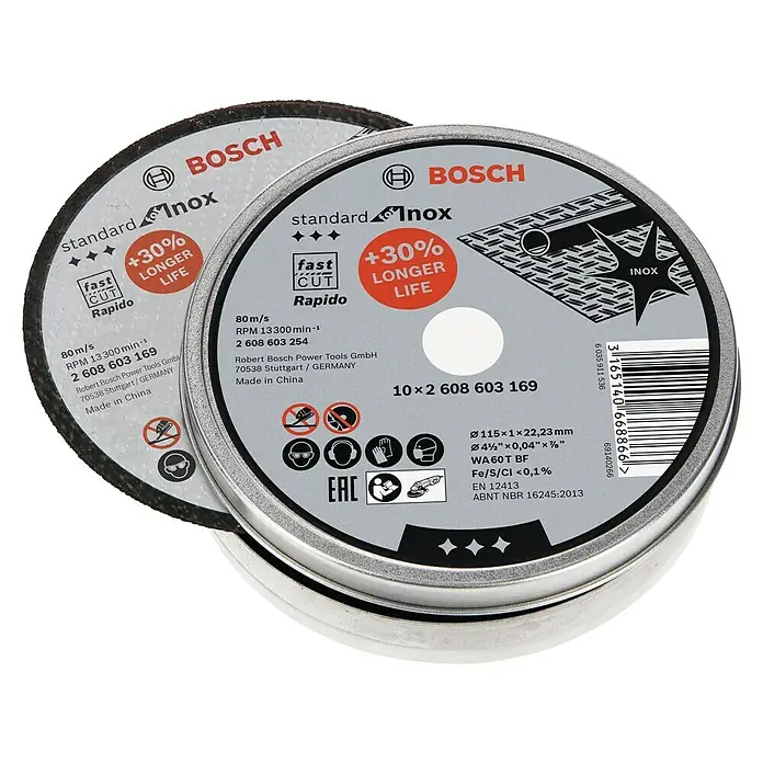 Bosch Disco de corte - Orificio: 22,23 mm, Diámetro del disco: 115 milímetros (mm) - Imagen de dos discos de corte Bosch Standard Inox, diseñados para un corte rápido y una vida útil más larga.