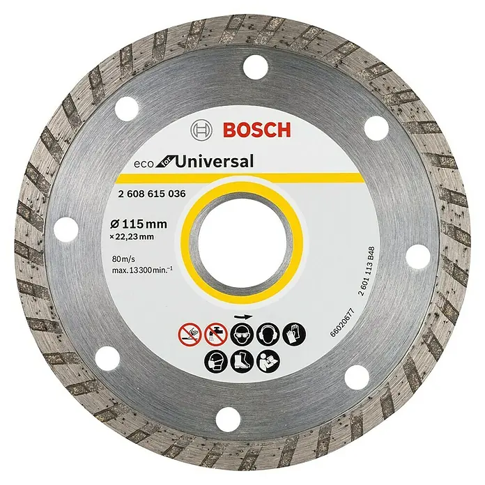 Bosch Diamant-Trennscheibe Eco for Universal Turbo - Durchmesser Scheibe: 115 mm, Höhe Segment: 7 mm, 1 Stk. - Das Bild zeigt eine Bosch Eco Universal Trennscheibe mit einem Durchmesser von 115 mm, ideal für vielseitige Schneidanwendungen.