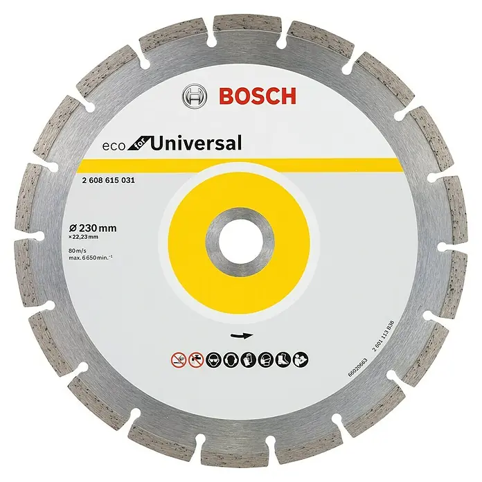 Bosch Diamant-Trennscheibe Eco for Universal - Durchmesser Scheibe: 230 mm - Das Bild zeigt eine Bosch Eco Universal Trennscheibe mit einem Durchmesser von 230 mm für diverse Materialien.