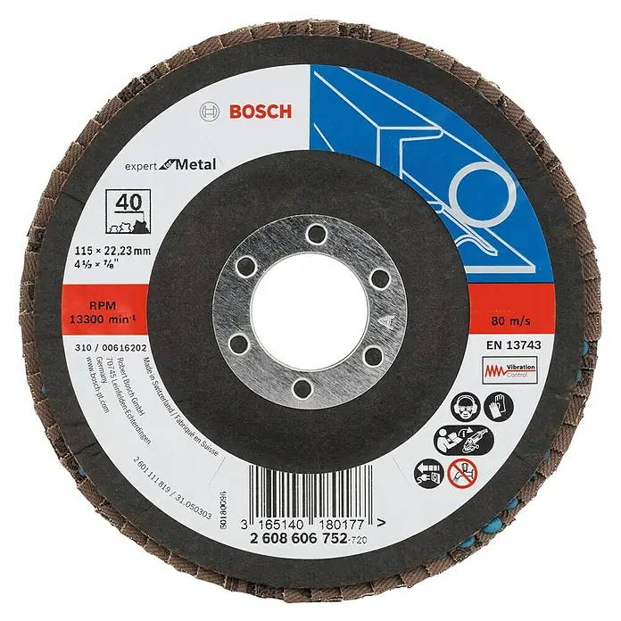 Bosch Professional Expert Fächerscheibe X551 - Körnung: 40, Durchmesser Scheibe: 115 mm - Das Bild zeigt eine Bosch Expert Metal Schleifscheibe mit einem Durchmesser von 115 mm für Winkelschleifer.