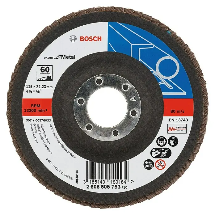 Bosch Professional Expert Fächerscheibe X551 - Körnung: 60, Durchmesser Scheibe: 115 mm - Abbildung einer Bosch Expert Metal Schruppscheibe mit den Maßen 115 x 22,23 mm und einer Körnung von 60 für den professionellen Einsatz.