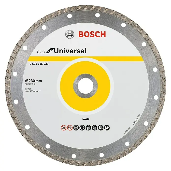 Bosch Diamant-Trennscheibe Eco for Universal Turbo - Durchmesser Scheibe: 230 mm, Höhe Segment: 7 mm, 1 Stk. - Das Bild zeigt eine Bosch Eco Universal Trennscheibe mit einem Durchmesser von 230mm, ideal für vielfältige Schneidanwendungen.