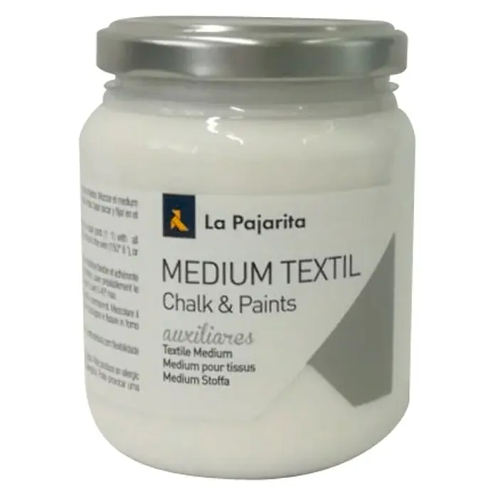 La Pajarita Pintura tejidos Medium - Blanco, 175 ml - Un bote de medium textil de La Pajarita para tizas y pinturas, ideal para pintar sobre tela y textiles.
