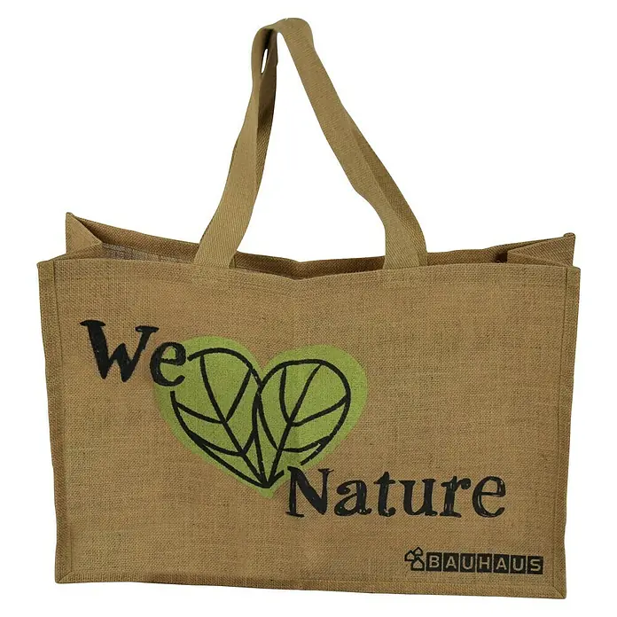 Jutetasche We love Nature - Natur, L x B: 59 x 17,5 cm, Jute - Jutetasche mit Aufdruck "We love Nature" und Bauhaus-Logo, ideal für umweltbewusste Einkäufe und als nachhaltige Tragetasche.
