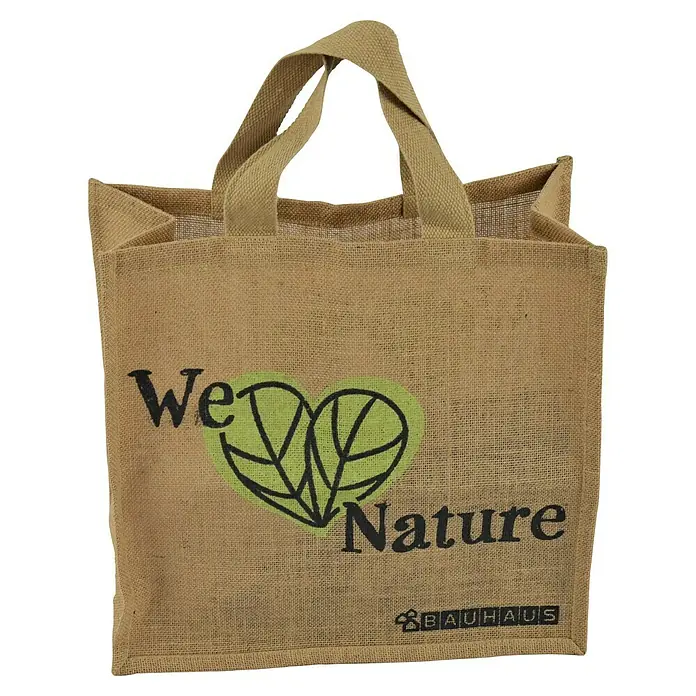 Jutetasche We love Nature - Natur, L x B: 39 x 17,5 cm, Jute - Jute-Einkaufstasche mit Aufdruck "We love Nature" und Bauhaus-Logo, umweltfreundliche und praktische Tragetasche.