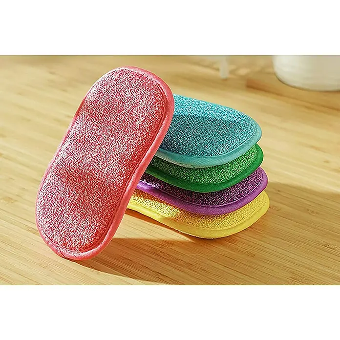 Esponja de limpieza 5 pack - An x L: 10 x 16 cm, Material: Materiales naturales, 5 ud., Multicolor - Una pila de estropajos rectangulares de colores sobre una superficie de madera, ideales para la limpieza del hogar.