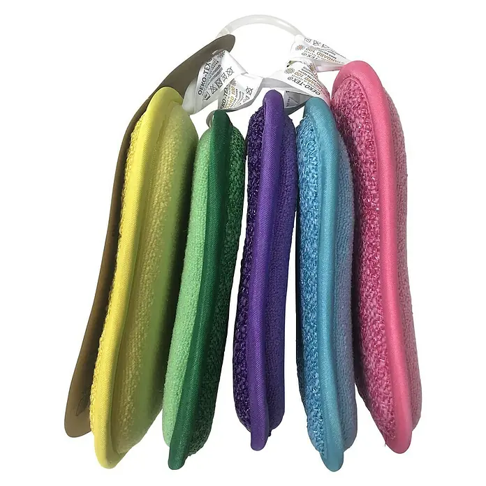 Esponja de limpieza 5 pack - An x L: 10 x 16 cm, Material: Materiales naturales, 5 ud., Multicolor - Esponjas de baño coloridas con etiquetas Oeko-Tex, colgadas en un anillo blanco. Textura suave, ideal para la limpieza diaria.