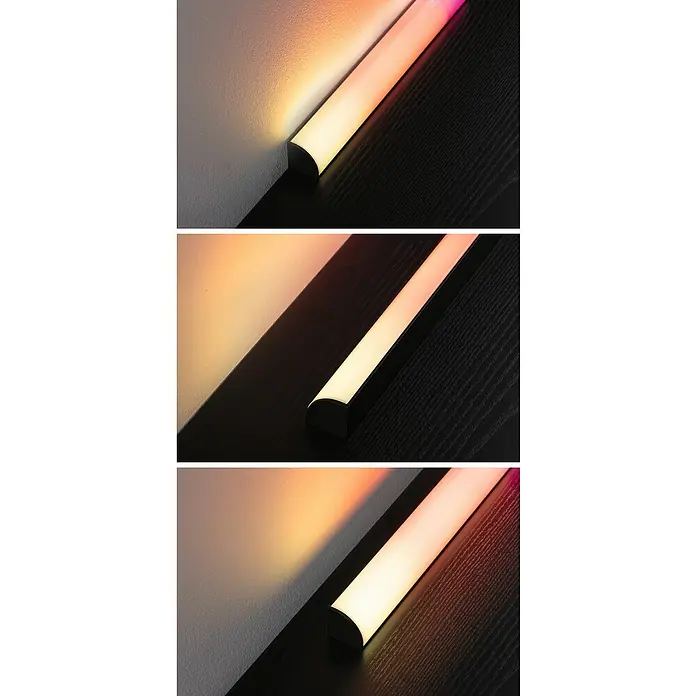 Paulmann LED-Lichtleiste - L x B x H: 30,5 x 3 x 3 cm, Lichtfarbe: RGB, 5 V, 2 Stk. - Unterschiedliche Ansichten einer LED-Lichtleiste, die an einer Wand und einer Holzoberfläche befestigt ist und farbiges Licht ausstrahlt.