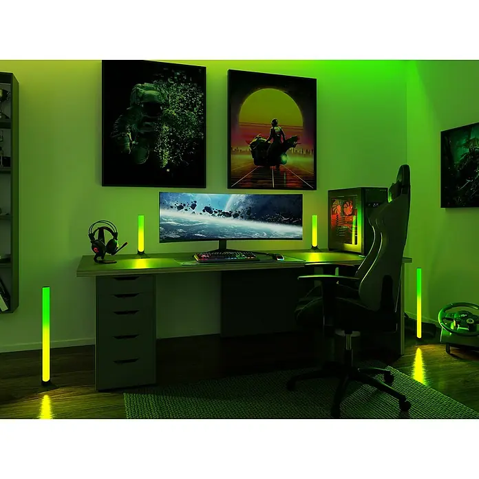 Paulmann Zubehör-Set Lightbar Base - Schwarz, 2 Stk. - Modernes Gaming-Zimmer mit grün beleuchteten Smart-Leuchten, die für eine immersive Atmosphäre sorgen. Perfekt für Gamer!