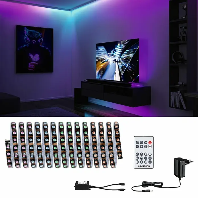 Paulmann LED-Stripes Dynamic Rainbow - Länge: 500 cm, RGB, 10,5 W - LED-Streifen-Set von Paulmann, ideal für stimmungsvolle Beleuchtung im Wohnraum. Inklusive Fernbedienung und Netzteil für einfache Installation.