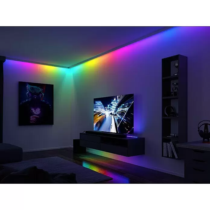 Paulmann LED-Stripes Dynamic Rainbow - Länge: 150 cm, RGB, 4,8 W - Mehrfarbige LED-Streifen an Decke und unter TV-Schrank tauchen einen modernen Raum in lebendiges Licht.