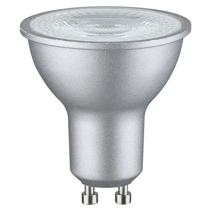 Paulmann Bombilla LED - GU10, Intensidad regulable, Blanco cálido, 460 lm, 7 W, Color: Plata - Primer plano de una bombilla LED GU10 de metal plateado con una lente de plástico transparente, sobre un fondo negro.
