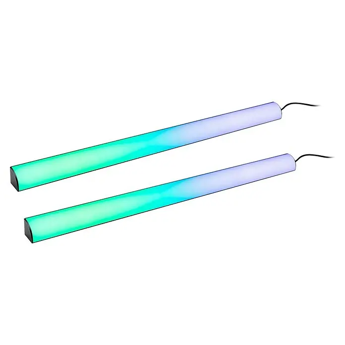 Paulmann LED-Lichtleiste - L x B x H: 60,5 x 3 x 3 cm, Lichtfarbe: RGB, 5 V, 2 Stk. - Zwei RGB-LED-Lichtleisten mit Farbverlauf von Grün zu Violett. Die Leuchten haben ein schwarzes Gehäuse und ein Kabel.