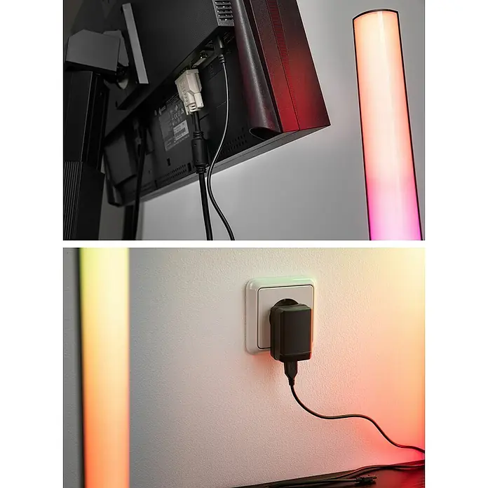 Paulmann LED-Lichtleiste - L x B x H: 30,5 x 3 x 3 cm, Lichtfarbe: RGB, 5 V, 2 Stk. - Das Bild zeigt die Rückseite eines Monitors mit Kabeln und einer LED-Stehlampe, die eine stimmungsvolle Beleuchtung erzeugt.
