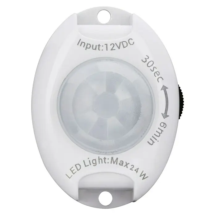 Paulmann Tira LED - Largo: 100 cm, Color de luz: Blanco cálido, 9 W - Primer plano de un sensor de movimiento redondo y blanco con opciones de ajuste de tiempo y potencia.