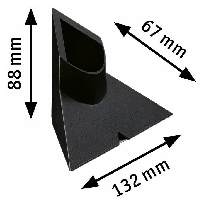 Paulmann Zubehör-Set Lightbar Base - Schwarz, 2 Stk. - Eine dreidimensionale Ansicht einer schwarzen Eckhalterung mit Größenangaben. Sie ist 88 mm hoch, 67 mm breit und 132 mm lang.