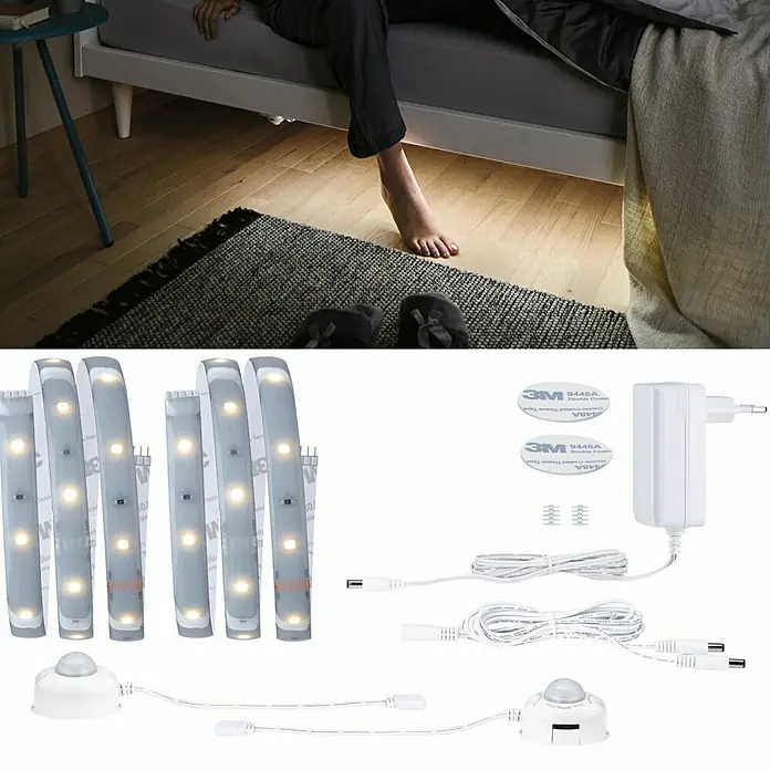 Paulmann LED-Band Comfort Set - Länge: 100 cm, Lichtfarbe: Warmweiß, 9 W - LED-Bettlicht-Set mit Bewegungssensor, inklusive Leuchtstreifen, Netzteil und Zubehör für eine einfache Installation unter dem Bett.